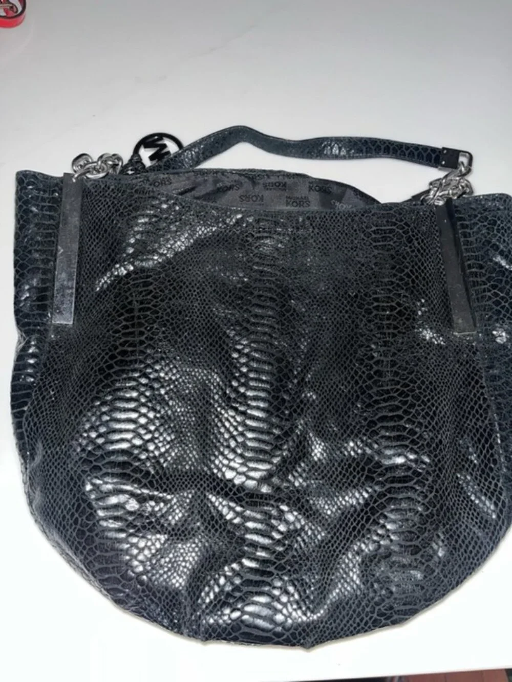 Michael Kors Black Embossed Snakeskin Hobo Shoulder Bag Silver Hardware